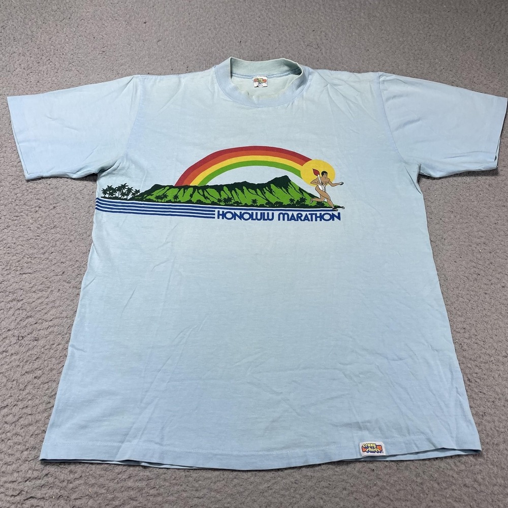 Vintage Honolulu Marathon Shirt‎ Mens Large Blue Crazy Shirts Hawaii Running 80s